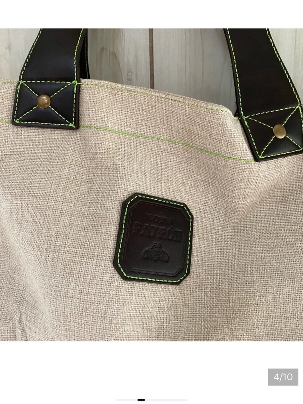 Patrón Tequila Brown beige leather green insulated tote bag purse canvas bag